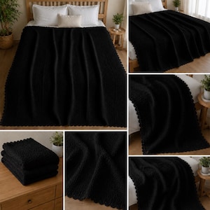 May include: A black knitted blanket with a scalloped edge is draped over a bed. The blanket has a textured pattern and is shown in multiple views, including folded and spread out. The bed has white sheets and pillows.