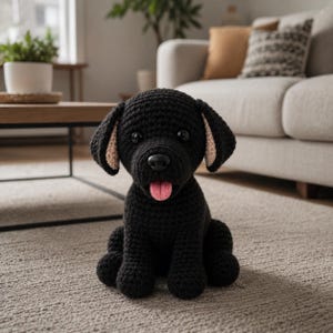 Puede incluir: Un perro negro de ganchillo, con lengua rosa y orejas internas beige, está sentado sobre una alfombra de color neutro. El perro tiene una expresión amigable. El fondo incluye una mesa de centro, un sofá y una ventana.
