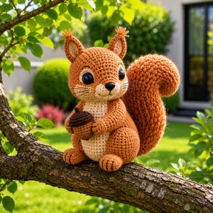 Peut inclure: Un écureuil crocheté avec une queue touffue, tenant un gland brun. L'écureuil, avec un corps brun clair et un ventre crème, est assis sur une branche d'arbre. Il a des yeux noirs. Le fond montre du feuillage vert et une maison.