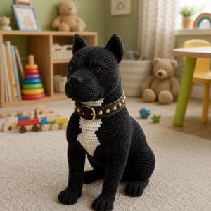 May include: A handcrafted crochet dog figurine in black yarn with a white chest patch. The dog wears a dark brown collar featuring gold-toned metal studs and a gold buckle. The figure is rendered in a seated position with pointed ears and dark eyes.