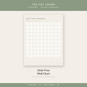 May include: A beige debt-free progress wall chart featuring a grid of white squares for tracking financial goals. The header reads THE TIDY LEDGER and DEBT-FREE PROGRESS. The bottom includes text labels for tracking progress toward becoming debt-free.