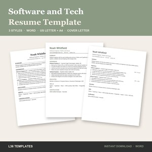 Könnte beinhalten: Ein digitales Software- und Tech-Lebenslauf-Vorlagenset mit drei verschiedenen Dokumentenlayouts auf weißem Papier. Der Text enthält Software and Tech Resume Template, 3 Styles, Word, US Letter + A4, Cover Letter und L36 Templates.