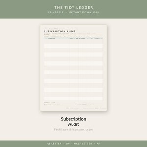 May include: A printable subscription audit ledger sheet with a beige background and black text. The form includes columns for service, cost, billed date, usage, and keep or cut decisions, with a monthly and yearly total section at the bottom.