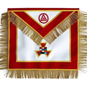 May include: A white apron with red and gold trim, featuring a red and gold border and gold fringe. The apron has a red triangle at the top with a circular emblem and a colorful geometric design at the bottom.