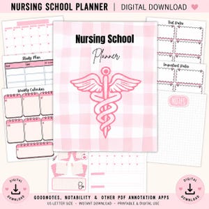 May include: A pink and white digital nursing school planner with various pages, including a weekly calendar, study plan, and notes section. The cover features a pink caduceus symbol and the text "Nursing School Planner". The planner is designed for use with GoodNotes and other PDF annotation apps.