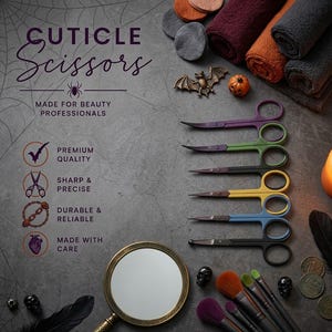 Puede incluir: Un juego de seis tijeras para cutículas en morado, verde, negro, amarillo, azul y negro con punta redondeada. La imagen incluye el texto Cuticle Scissors, Made for Beauty Professionals, Premium Quality, Sharp & Precise, Durable & Reliable y Made with Care, junto con un espejo de mano, brochas de maquillaje y pequeños objetos decorativos.