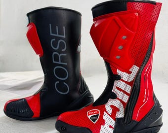 Ducati Corse Leather Riding Boots | Biker Racing Shoes | Red Motorbike Track Boots | Perforated Protective Motorcycle Gear for Men