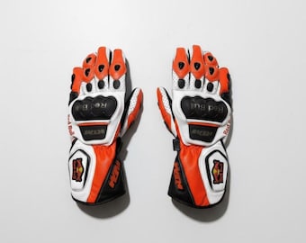 KTM Red Bull Leather Riding Gloves | Gauntlet Biker Gloves | Orange Motorbike Track Gloves | Perforated Protective Motorcycle Gear for Men