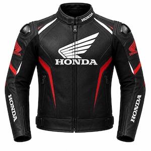 Könnte beinhalten: Eine schwarze Motorradjacke mit roten und weißen Akzenten, einem zentralen Reißverschluss und dem Honda-Logo in Weiß auf Brust, Kragen und Ärmeln. Die Jacke verfügt über perforierte Ledereinsätze, Schulterprotektoren und verstellbare Taillengurte.