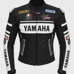 Yamaha Racing Jacket MotoGP Leather Motorcycle Jacket Black White Biker Riding Gear GYTR Michelin Patches Protective Track Racing Coat