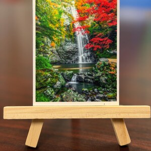 Könnte beinhalten: Ein rechteckiger Druck mit einem Wasserfall, der in ein Becken stürzt, umgeben von moosbewachsenen Felsen und leuchtendem Herbstlaub in Rot-, Orange- und Gelbtönen, präsentiert auf einer hellen Holzstaffelei mit drei Beinen.