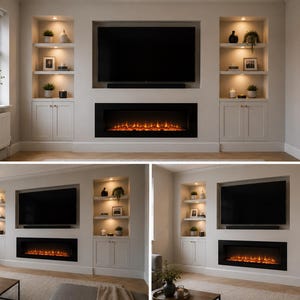 Op de afbeelding: Een ingebouwde wandkast met een centrale flatscreen-tv boven een rechthoekige elektrische haard met gloeiende oranje vlammen. Aan weerszijden bevinden zich symmetrische witte kasten met open planken die door inbouwspots worden verlicht.
