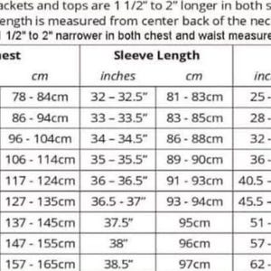 May include: A detailed size chart for men's jackets and tops, including chest, sleeve length, and waist measurements in inches and centimeters. The chart provides sizes from XS to 5XL, with specific instructions for tall and slim fits.