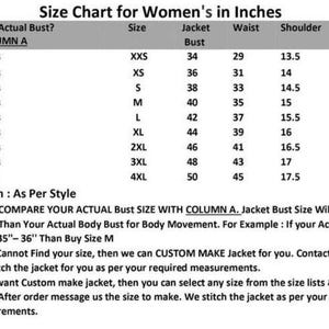 May include: A size chart for women's jackets, displaying bust, waist, shoulder, and sleeve measurements in inches. The chart includes sizes from XXS to 4XL, with corresponding jacket measurements. Additional notes explain how to measure and order custom sizes.