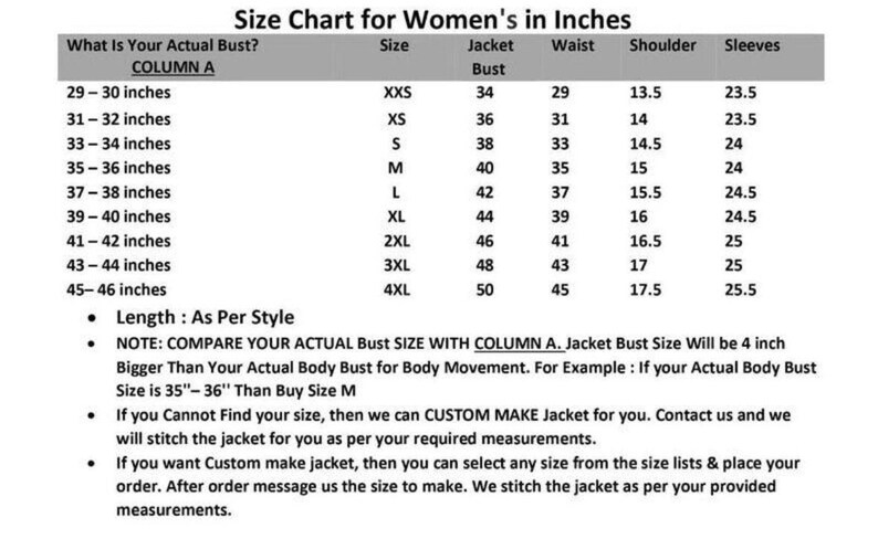 May include: A size chart for women's jackets, displaying bust, waist, shoulder, and sleeve measurements in inches. The chart includes sizes from XXS to 4XL, with corresponding jacket measurements. Additional notes explain how to measure and order custom sizes.