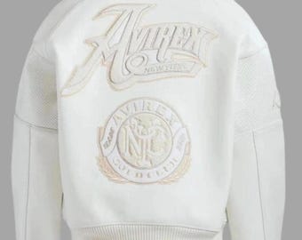 Avirex White Leather Bomber Jacket Gold Club Embroidered Logo Perforated Cowhide Biker Jacket