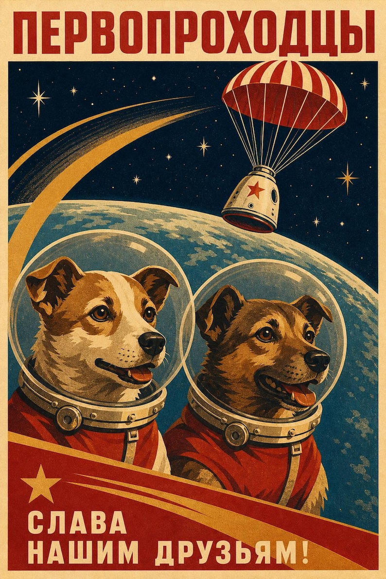 Pioneers - Soviet Space Propaganda Poster Print (Early 1960s - Belka and Strelka era) image 1