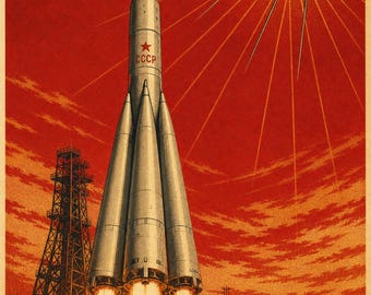 El comienzo - Póster de propaganda espacial soviética (1957 - era del Sputnik)