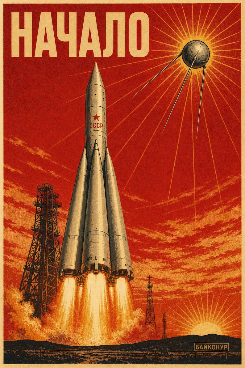 Początek – plakat propagandowy o tematyce kosmicznej z ZSRR (1957 – era Sputnika) zdjęcie 1