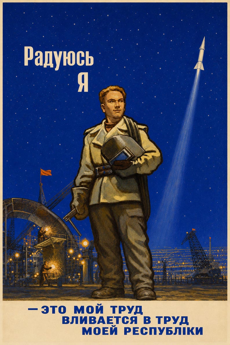 I Am Happy: My Labor Joins the Labor of My Republic - Soviet Space Propaganda Poster Print (1958-1963, workers of the space age) image 1