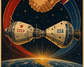 Hermandad entre las estrellas - Póster de propaganda espacial soviética (1975 - Era Apolo-Soyuz)
