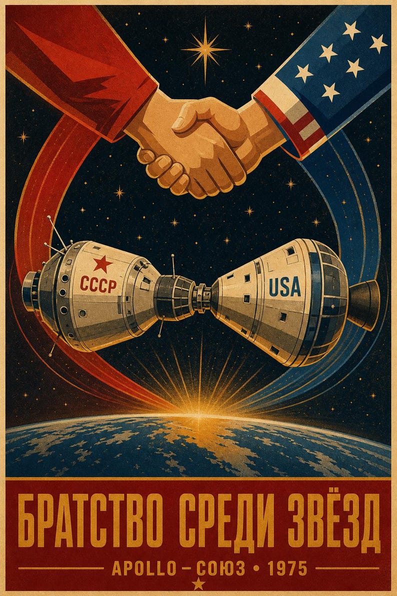 Brotherhood Among the Stars - Soviet Space Propaganda Poster Print (1975 - Apollo-Soyuz era) image 1