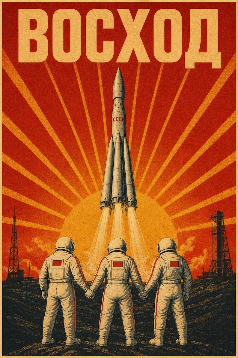 Voschod - Sovjet ruimtepropaganda posterafdruk (1964-65 - Voschod-programma) afbeelding 1
