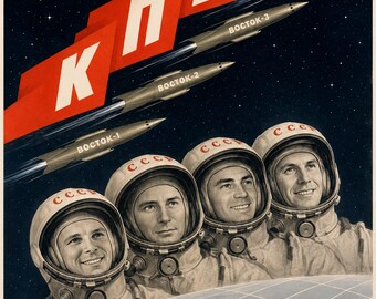 Glória à KPSS! - Pôster de propaganda espacial soviética (1958-1963 - era de ouro dos pôsteres espaciais soviéticos)