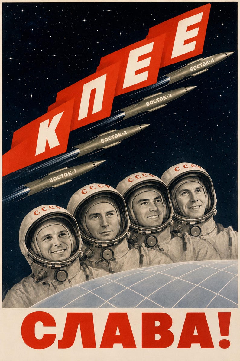 Glory to the KPSS! - Soviet Space Propaganda Poster Print (1958-1963 - golden age of Soviet space posters) image 1
