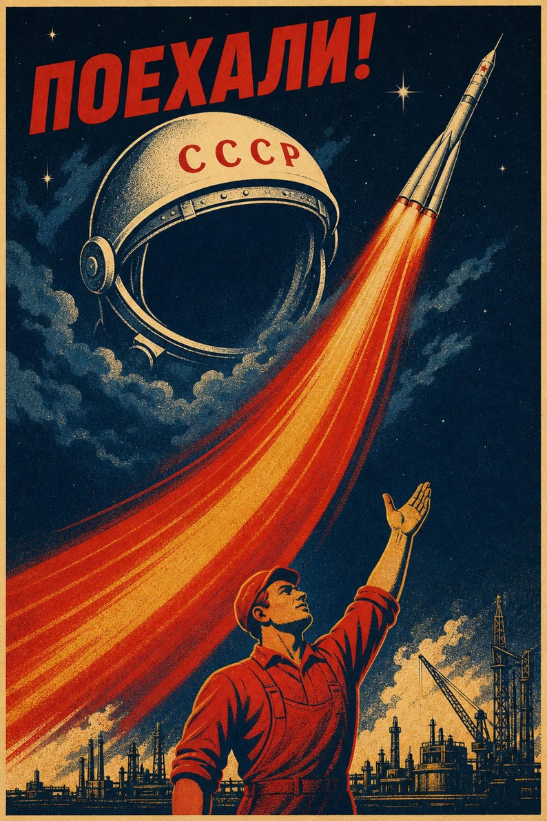 Auf geht's! -Sowjetisches WeltraumPropaganda Plakat Druck (April 1961 - Gagarins Flug) Bild 1