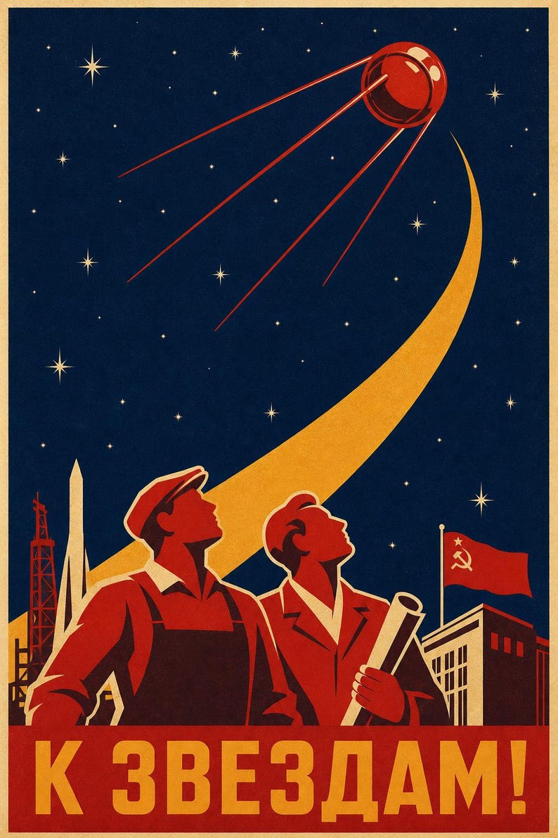 Toward the Stars - Soviet Space Propaganda Poster Print (1957 - Sputnik era) image 1