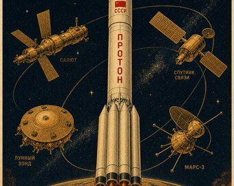 Proton - Soviet Space Propaganda Poster Print (1965-2025 - Proton era)