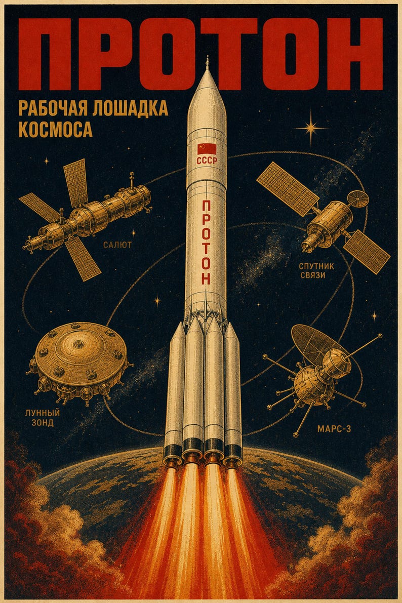 Protón - Póster de propaganda espacial soviética (1965-2025 - Era Protón) imagen 1