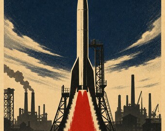 Primer Paso - Póster de propaganda espacial soviética (1948 - era de reconstrucción de posguerra)