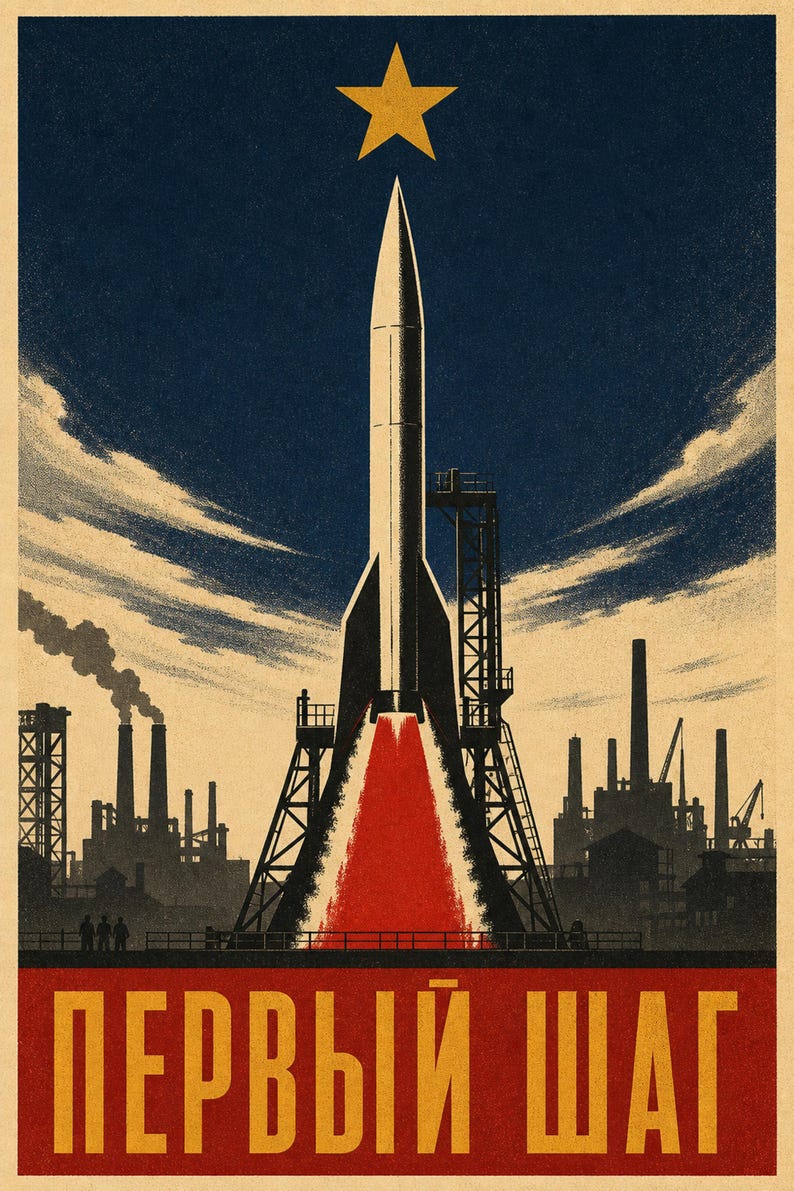 Primer Paso - Póster de propaganda espacial soviética (1948 - era de reconstrucción de posguerra) imagen 1