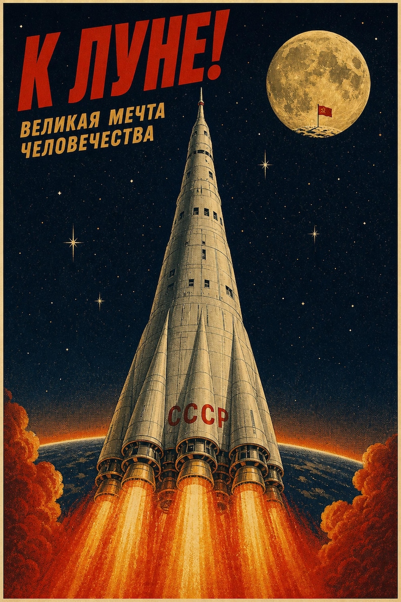 Vers la Lune ! - Impression d'affiche de propagande spatiale soviétique (1969 - succès N1 dans l'histoire alternative) image 1