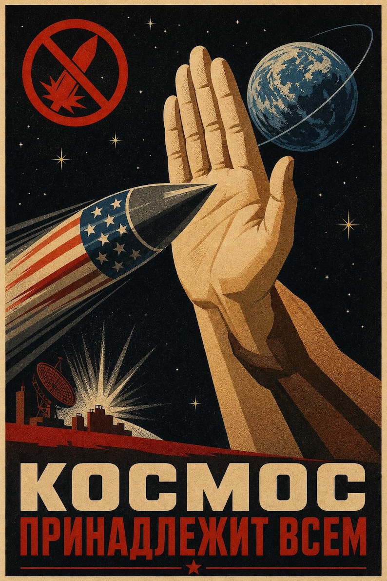 Lo spazio appartiene a tutti - Manifesto di propaganda spaziale sovietica (1984 - periodo anti-SDI) immagine 1