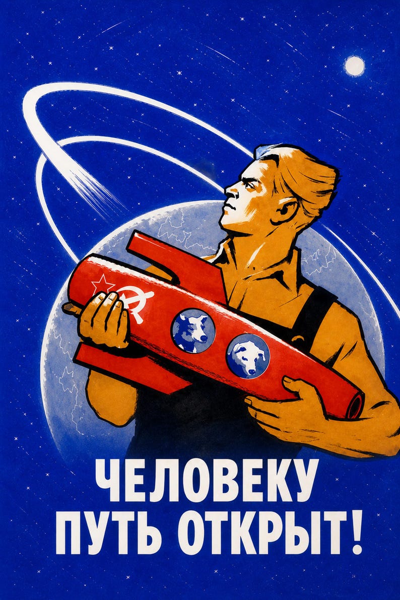 The Way Is Open for Man! - Soviet Space Propaganda Poster Print (1960-1961, the path to human spaceflight) image 1