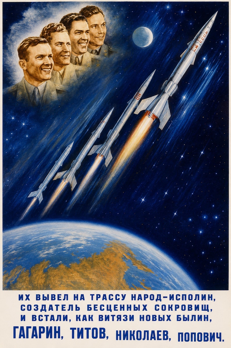 Mighty Knights of Our Days - Soviet Space Propaganda Poster Print (1958-1963 - golden age of Soviet space posters) image 1