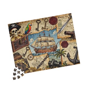 Rompecabezas de collage de barco pirata vintage / Mapa del tesoro náutico