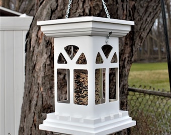 White hanging Regency birdfeeder, bird lovers delight, weatherable fully functional, Bridgeport base, Tube feeder, US Made, limited edition