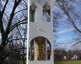 Tube feeder, birdfeeder, white PVC, long lasting 2 tier bird feeder, durable, USA made ez fill, ez clean, dentil molding Canterbury feeder