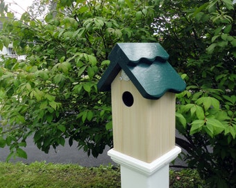 Birdhouse post topper, weatherable outdoor post mount birdhouse, vinyl and wood easy to clean bluebird house for bird lovers