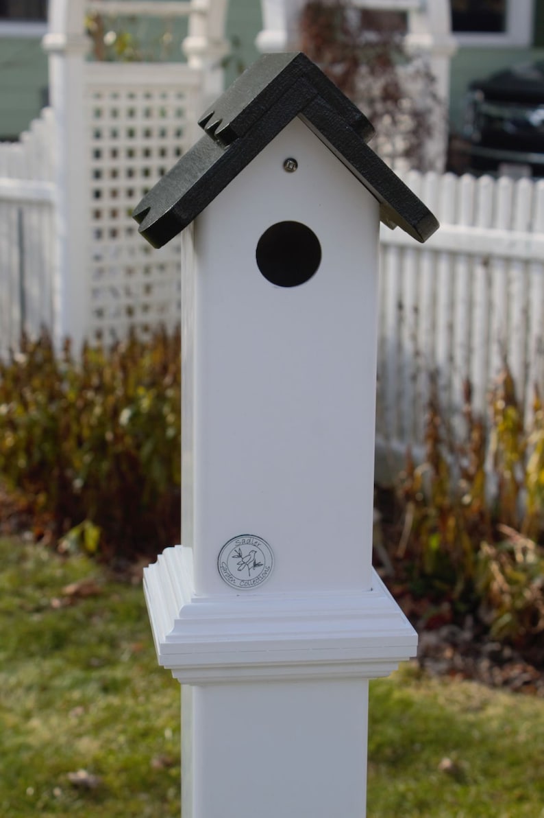 PVC post mount bird house for Nuthatch and small birds. All season all PVC, EZ clean, assembled, pvc post cap alternative Buffalo made image 5