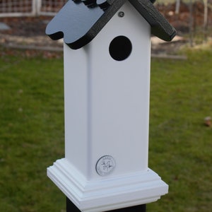 PVC post mount bird house for Nuthatch and small birds. All season all PVC, EZ clean, assembled, pvc post cap alternative Buffalo made image 2