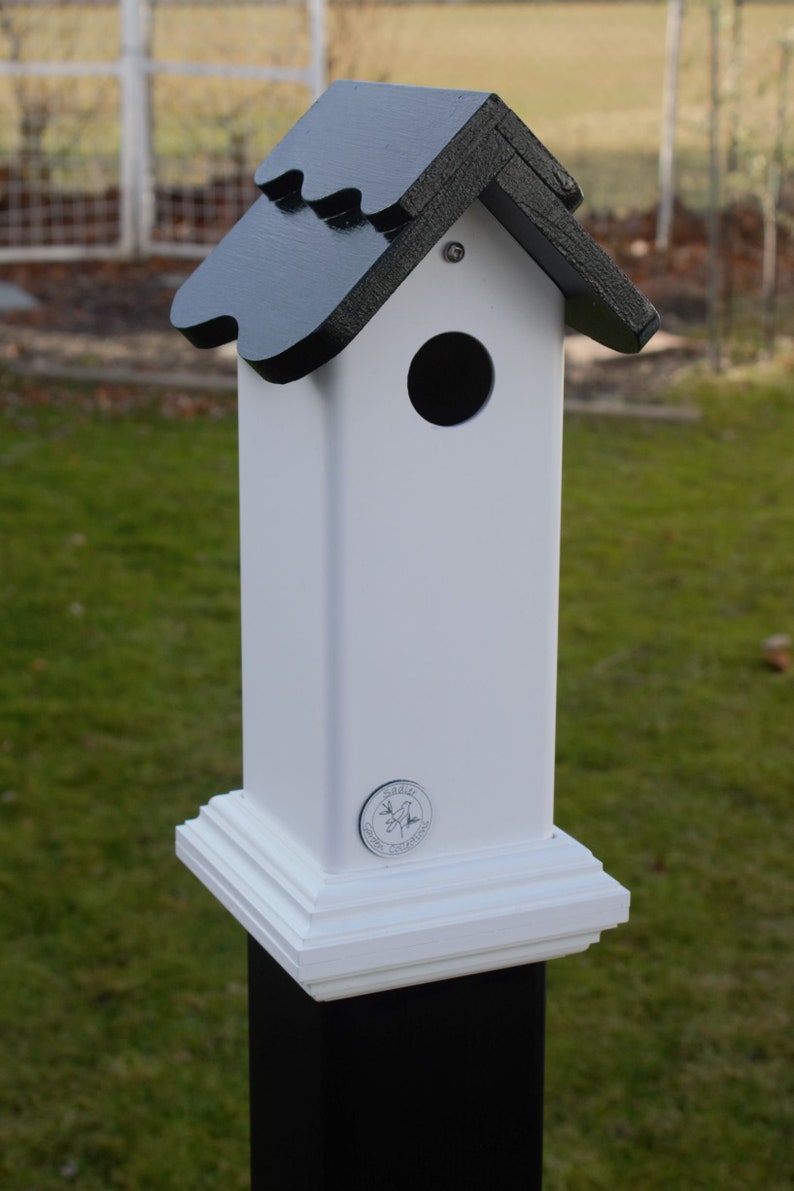 PVC post mount bird house for Nuthatch and small birds. All season all PVC, EZ clean, assembled, pvc post cap alternative Buffalo made image 2