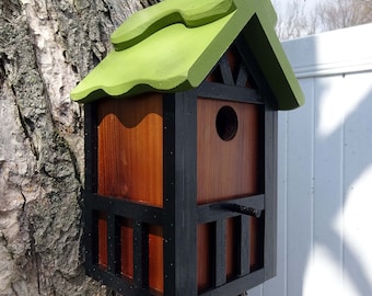 Painted Bird house/Nesting Box, American Tudor style 15, thatch roof design, EZ cleanout, western red cedar, Made in USA, fully functional