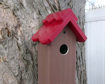 hanging Bluebird house, PVC, larch wood, outdoor birdhouse, fully functional, virtually maintenance free, post mount, modern, Made in USA
