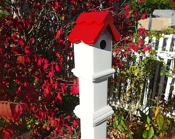 Birdhouse PVC and wood post topper, weatherable cleanable outdoor birdhouse, vinyl post mount birdhouse for birds and bird lovers