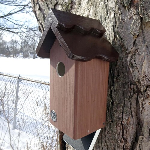 Hanging Bluebird house, PVC, larch wood, orders outdoor birdhouse, fully functional, virtually maintenance free, post mount, modern, Made in USA